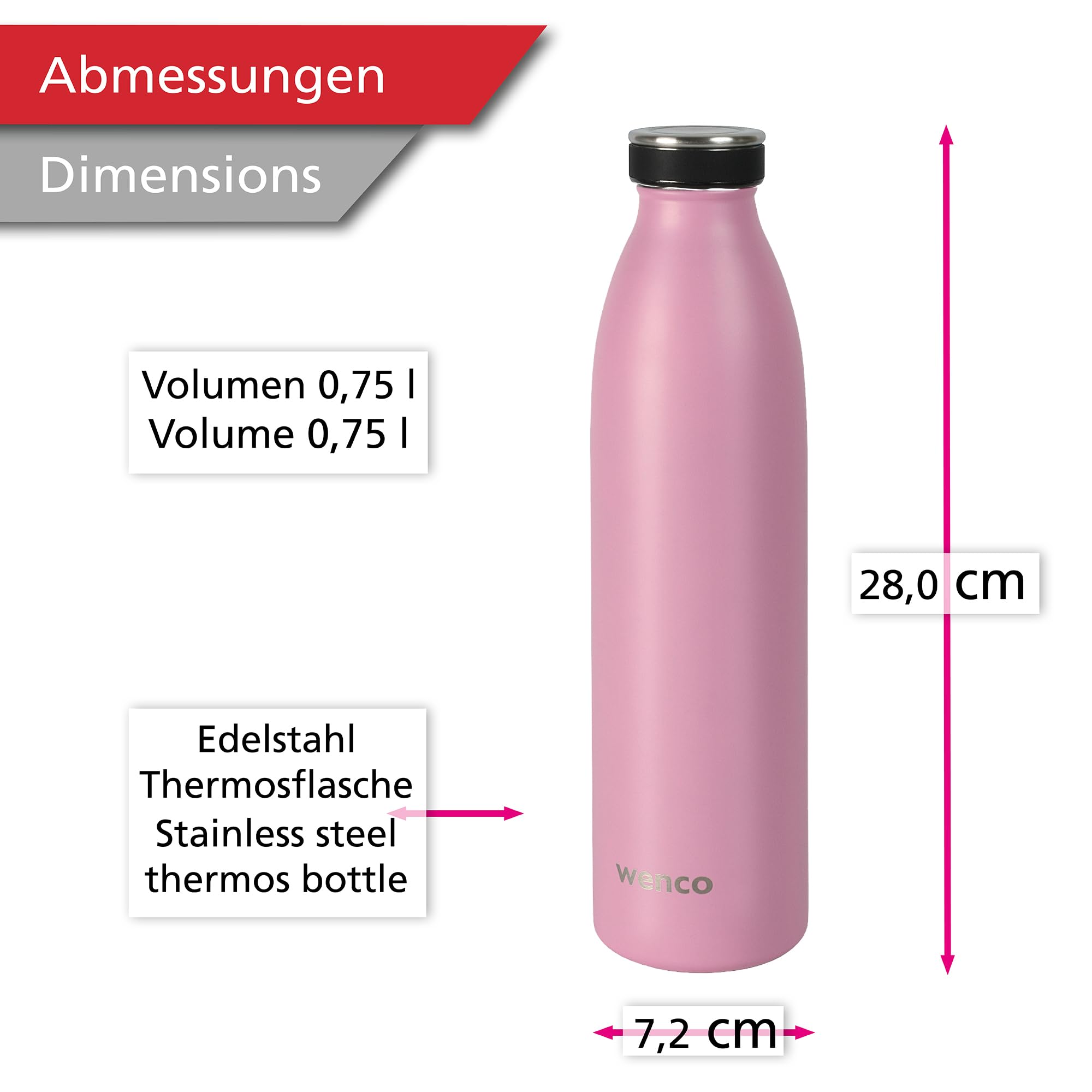 Roestvrijstalen drinkfles wenco zwart - 750 ml - perfect voor kinderen, BPA-vrij, lekvrij, geschikt voor koolzuurhoudende dranken - kleine thermosfles