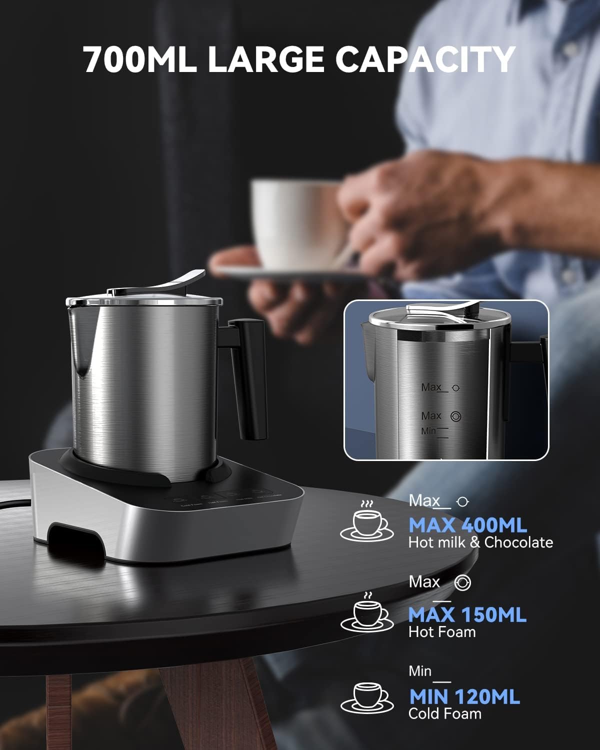 Espumador de Leche Electrico, 550w, Milk Frother, Espumador Automatico con Taza Inalambrica 700ml, Con Cable en Base, Batidor Electrico 2 en 1, Calienta y Espuma para Leche, Cafe, Chocolate.