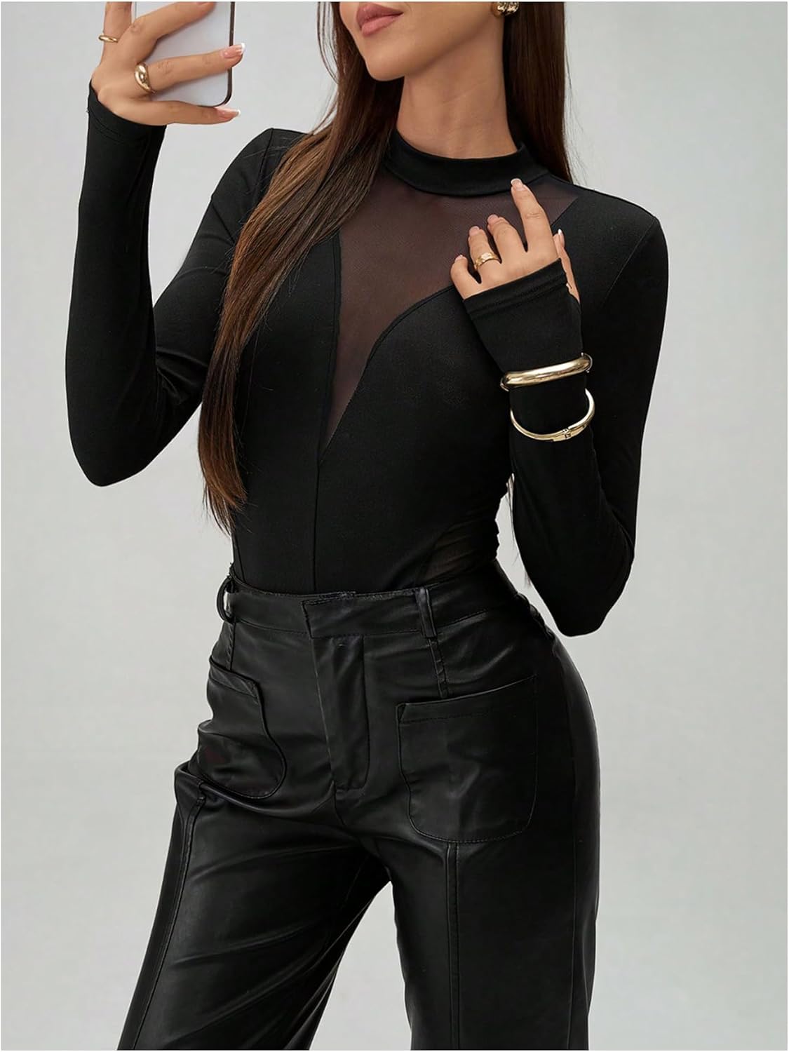 WDIRARA Women's Sheer Mesh Mock Neck Long Sleeve Bodysuit Leotard Body Suit Top - Image 3