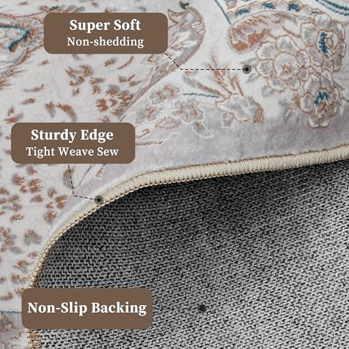 Vintage 9x12 Washable Area Rug, Low-Profile Large Area Rug with Non-Slip Backing & Durable Edge Binding, Pet-Friendly Carpet, Large Rug for Living Room, Bedroom & Dinning Room