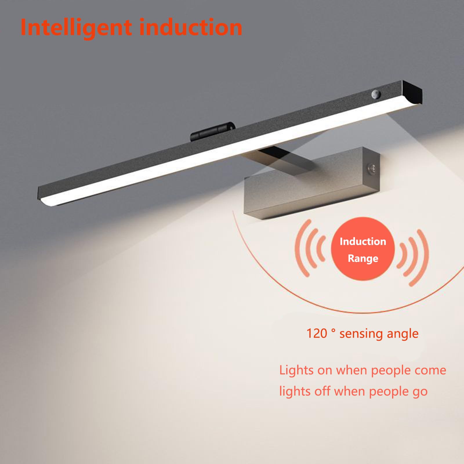 Lampa ścienna LED do wnętrz z czujnikiem ruchu i przełącznikami, obracana o 180°, nowoczesna, długa listwa aluminiowa, do łazienki lub umywalki