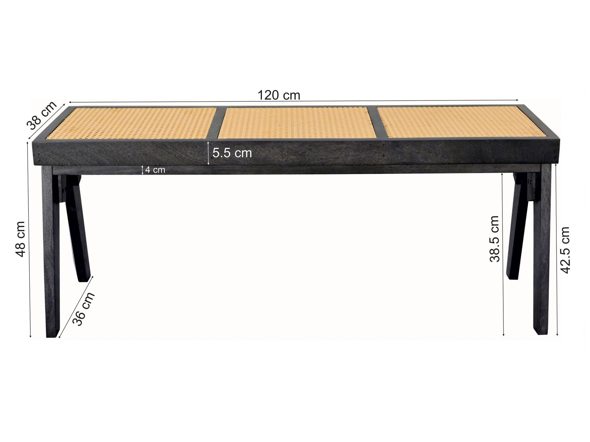 FineBuy Sitzbank Rattan Akazie Massivholz 120cm Schwarz - Design Holzbank Wiener Geflecht - Bettbank Flurbank Retro - Esszimmerbank Bank Handmade