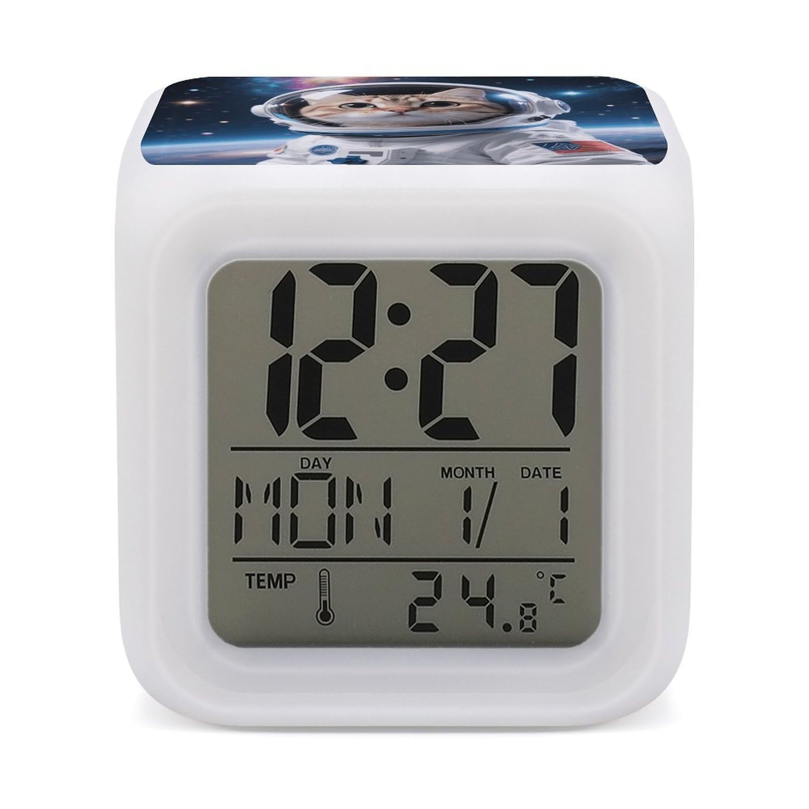 FodPand 7 Color Ambient Night Light Cube Battery Operated Cat Astronaut Digital Clock with Snooze Temperature LED Digital Alarm Clocks Dimmable Wake Up Light Portable Mood Lamp for Bedroom Desk Gift