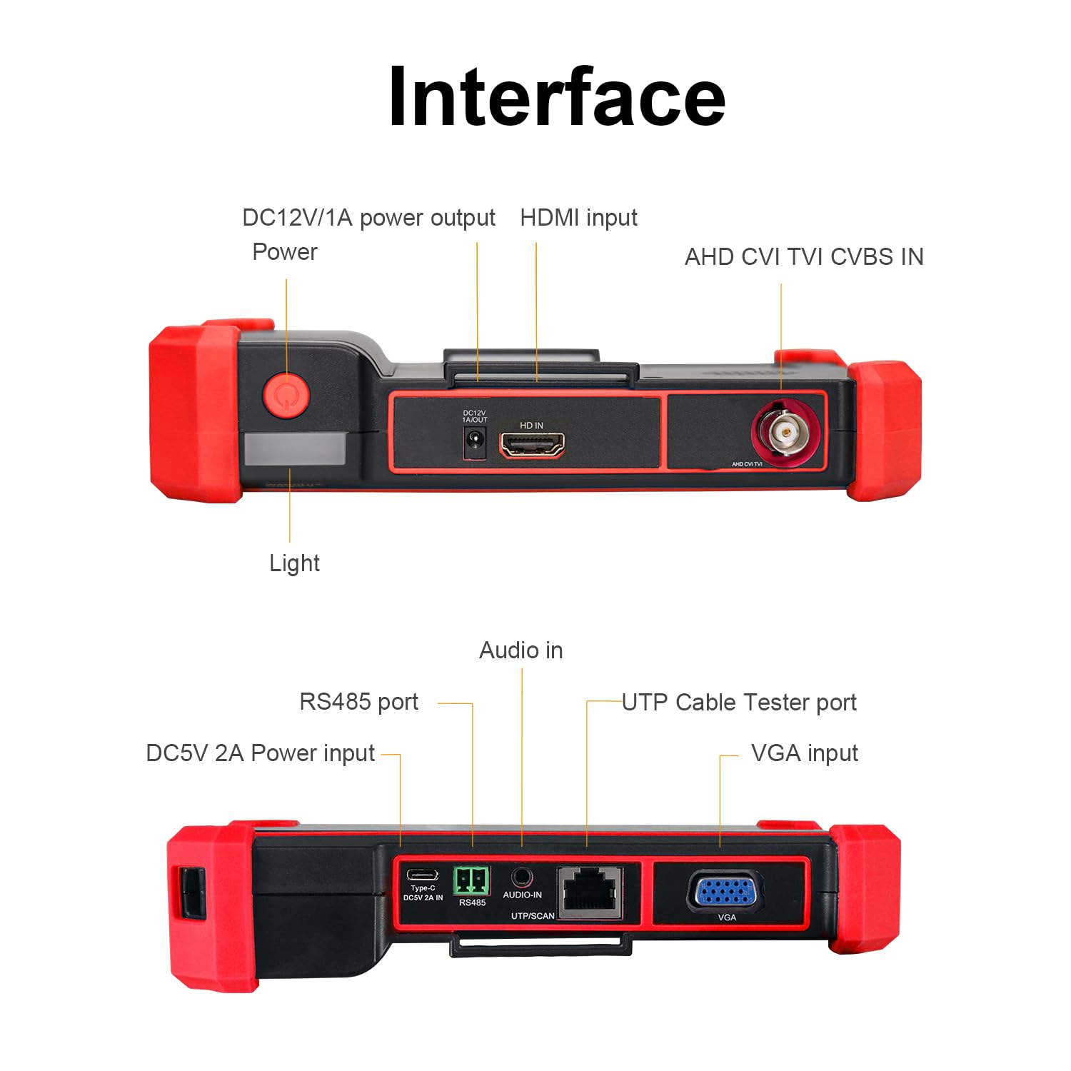 Tester per telecamera CCTV, 8 MP, TVI, CVI, AHD, CVBS, schermo da 5 pollici, cavo UTP, HDMI, VGA, RS485, controllo PTZ, test audio, 12 V