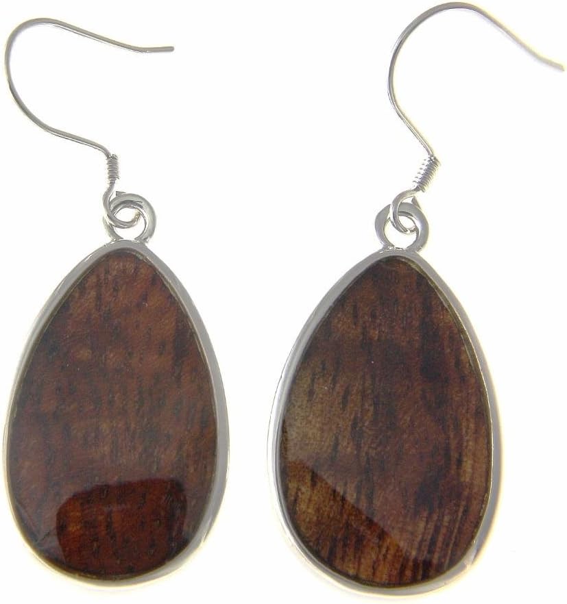 Koa Wood Hawaiian Tribal Teardrop Rhodium Plated Brass Hook Wire Earrings