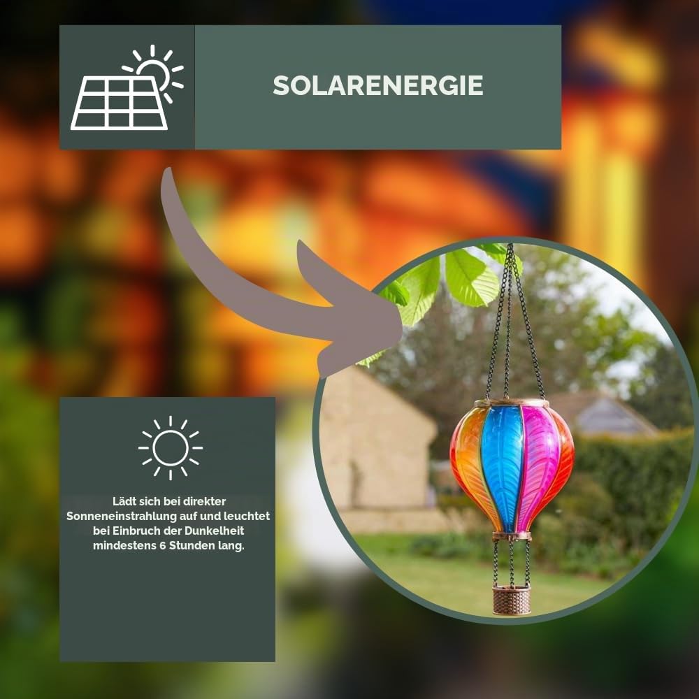 62cm Heißluftballon Solarleuchte LED Flammeneffekt Hängende Gartenleuchte | 62cm Flackernde Flammeneffekt LED Hängend Wasserdicht für Outdoor Garten Terrasse Balkon Hof