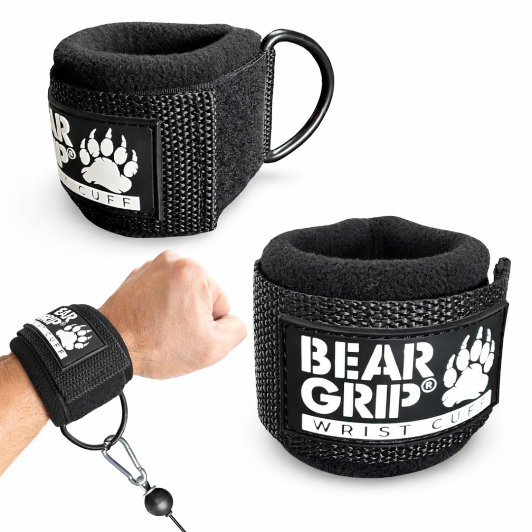 BEAR GRIP Wrist Straps for Cable Machines with Double D-Ring & Loop and Secure Cuff Design, Gym Straps Cable Attachments for Strength Training, Workouts for Men & Women (Black -S)