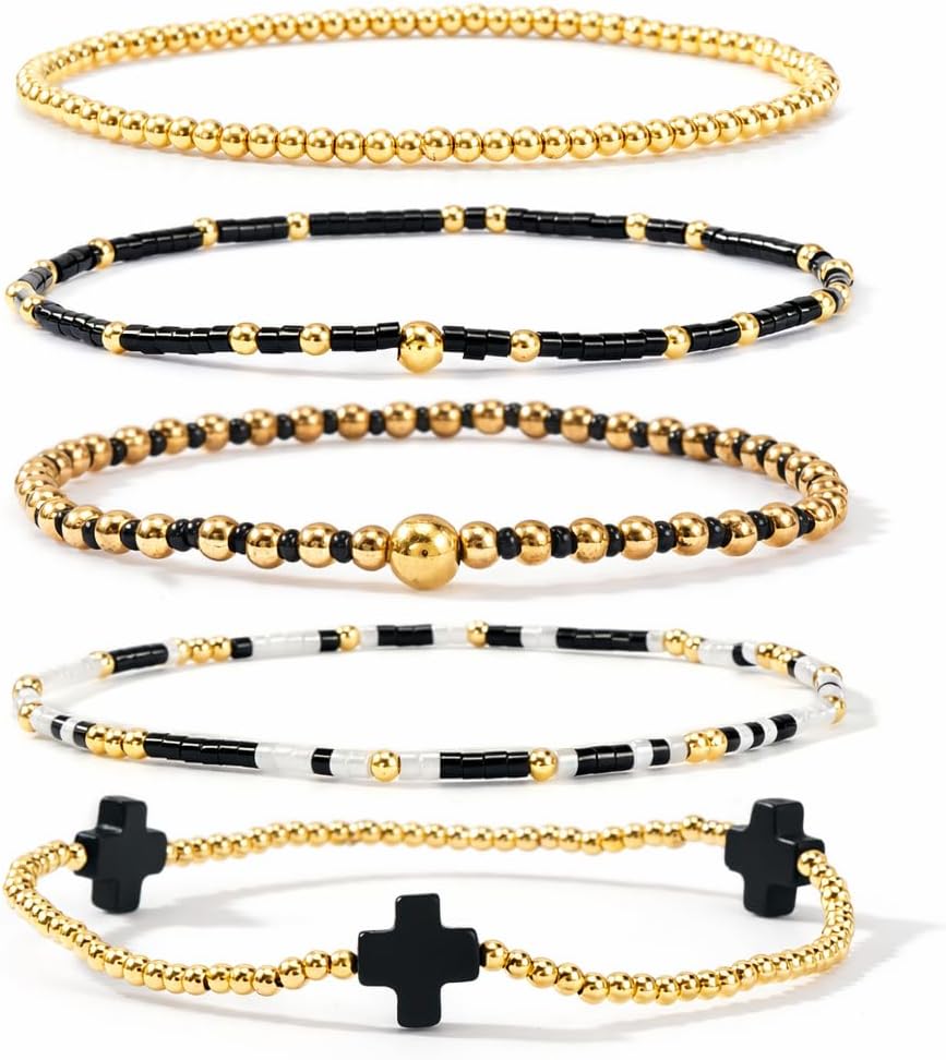 Gold Beaded Cross Bracelet for Women, 14K Plated Adjustable Stackable Dainty Bracelets, Non Tarnish Fashion Jewelry Set Gifts for Women Birthday Friendship