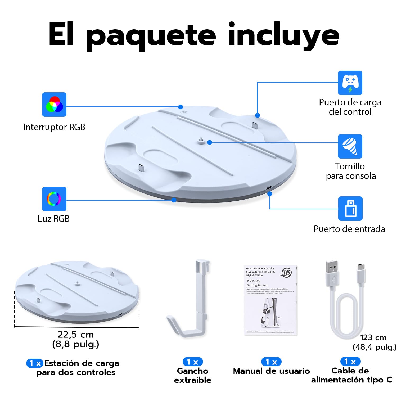 Soporte para PS5 Slim, Estación de Carga con LED para PS5 Slim Digital/Disc Edition, Base de Cargador para Controlador Dual PS5 con Soporte para Auriculares - Blanco - No para PS5/PS5 Pro