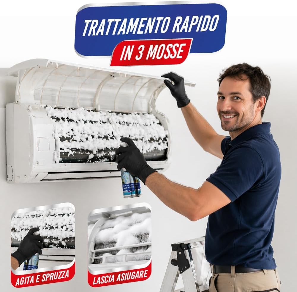 ENJOY HOME PULICLIMA Igienizzante Condizionatori Spray - Schiuma Attiva ai Sali Quaternari di Ammonio per Split e Filtri - Pulitore Professionale Antibatterico al Profumo di Mughetto 500ml x4