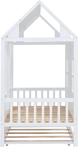 Miniatura 25 de Bellemave Full Size Kids House Bed with 2 Drawers & Storage Shelves, Wooden Montessori Bed Frame with Window and Roof, Kids Playhouse Tent Bed