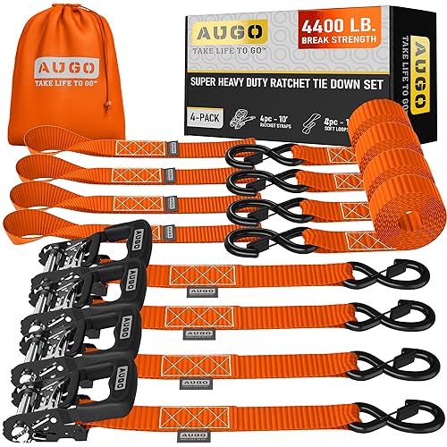Image of AUGO Heavy Duty Ratchet Straps & Soft Loops - Pack of 4 Extra Strong 1.5 inch by 10' Ratchet Straps w /S-Hook Safety Latches & 4 Soft Loop Tie Downs - 4400Lb Break Strength for Motorcycles, ATVs, Etc.