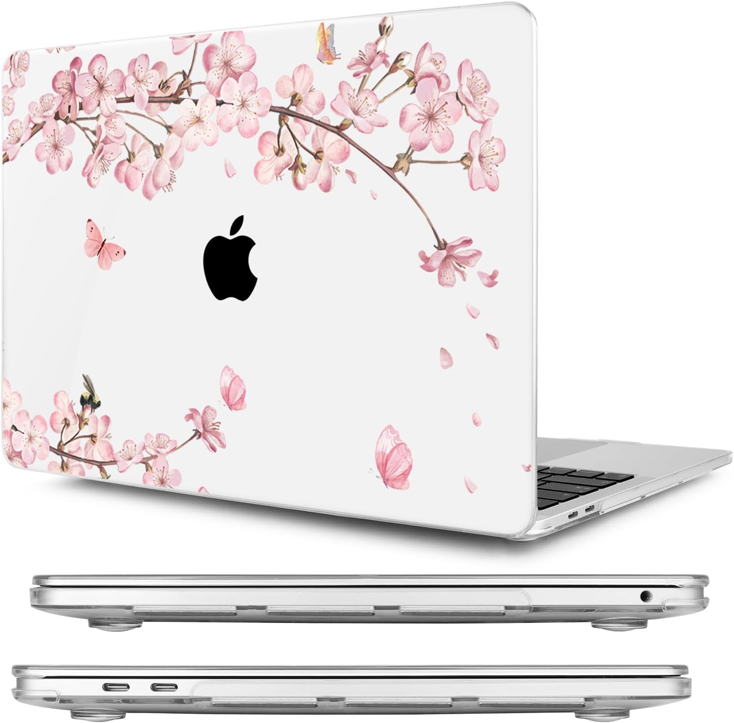 MecBevia Compatible with MacBook Pro 13 inch Case 2022 2021 2020 Release M2 M1 A2338 A2251 A2289, Plastic Hard Shell&Keyboard Cover&Screen Protector&Webcam Cover&Type-C Adapter, Butterflies Sakura