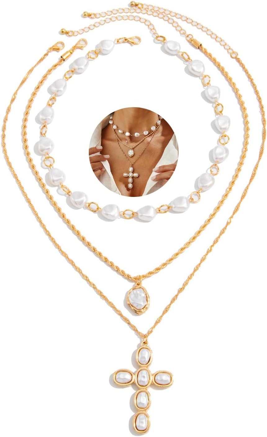 Chunky Pearl Cross Necklaces for Women Big Crucifix Pendant Layered Necklaces Baroque Pearl Statement Choker Necklace Trendy Cross Jewelry Accessories