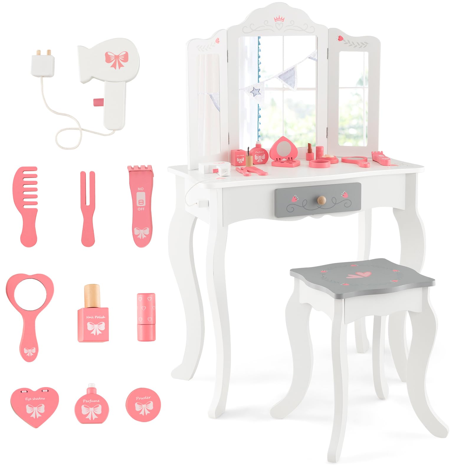 DREAMADE 2 IN 1 Kinder Schminktisch mit 10 TLG. Spielzubehör und Hocker, Prinzessin Frisiertisch mit Schublade, Kosmetiktisch Kinderschminktisch aus Holz für Mädchen ab 3 Jahren, weiß