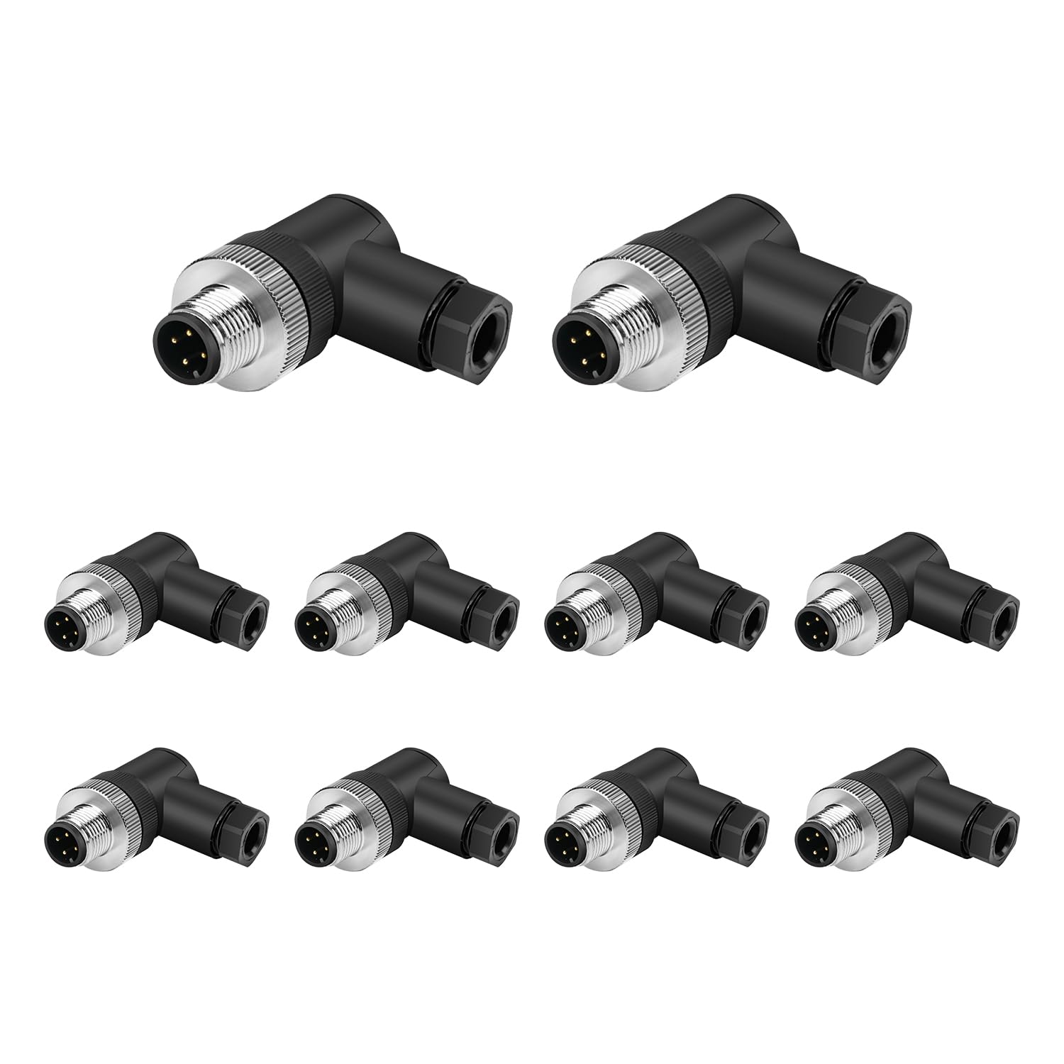 10Pcs M12 4-Pin Aviation Connector Male A Code Right Angle Type, Industrial Field Assembly Plug 12mm IP67 Waterproof for Circular Socket Panel Sensor