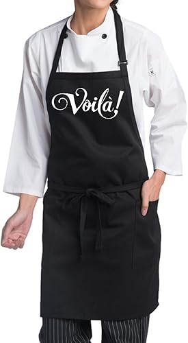 Voila - Delantales de cocina para mujeres y hombres, negro, ajustable, dos bolsillos delanteros, divertido y lindo delantal de cocina francesa,