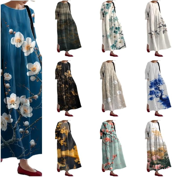 domirica Womens Trendy Sun Dress Plus Size Design Floral Print Vacation Casual Crew Neck Maxi Dress