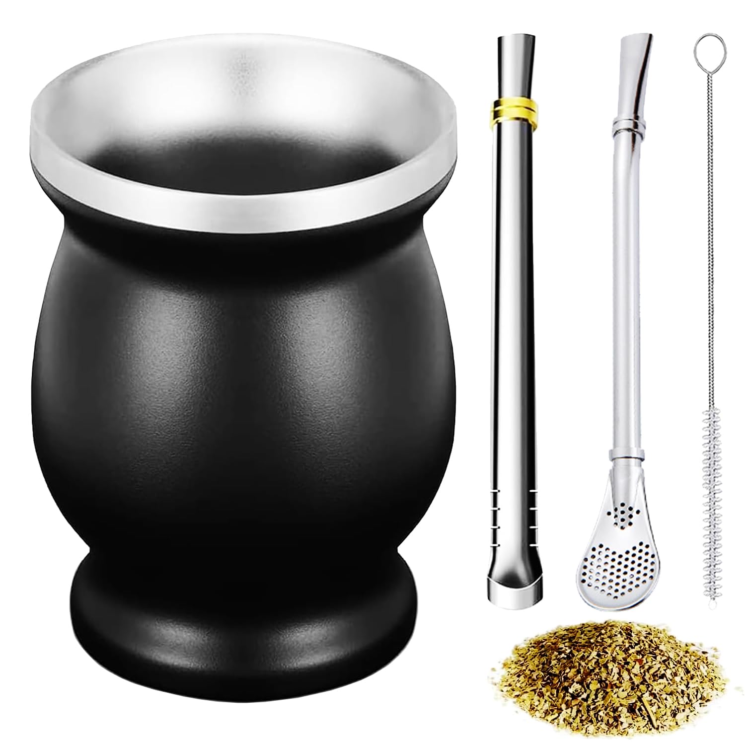 Yerba Mate Cup and Bombilla Set, Gourd Tea Cup Kit with 2 Straws and Cleaning Brush, Convenient Travel, Stainless Steel Double Walled Anti Scalding, Easy to Clean (Black A)