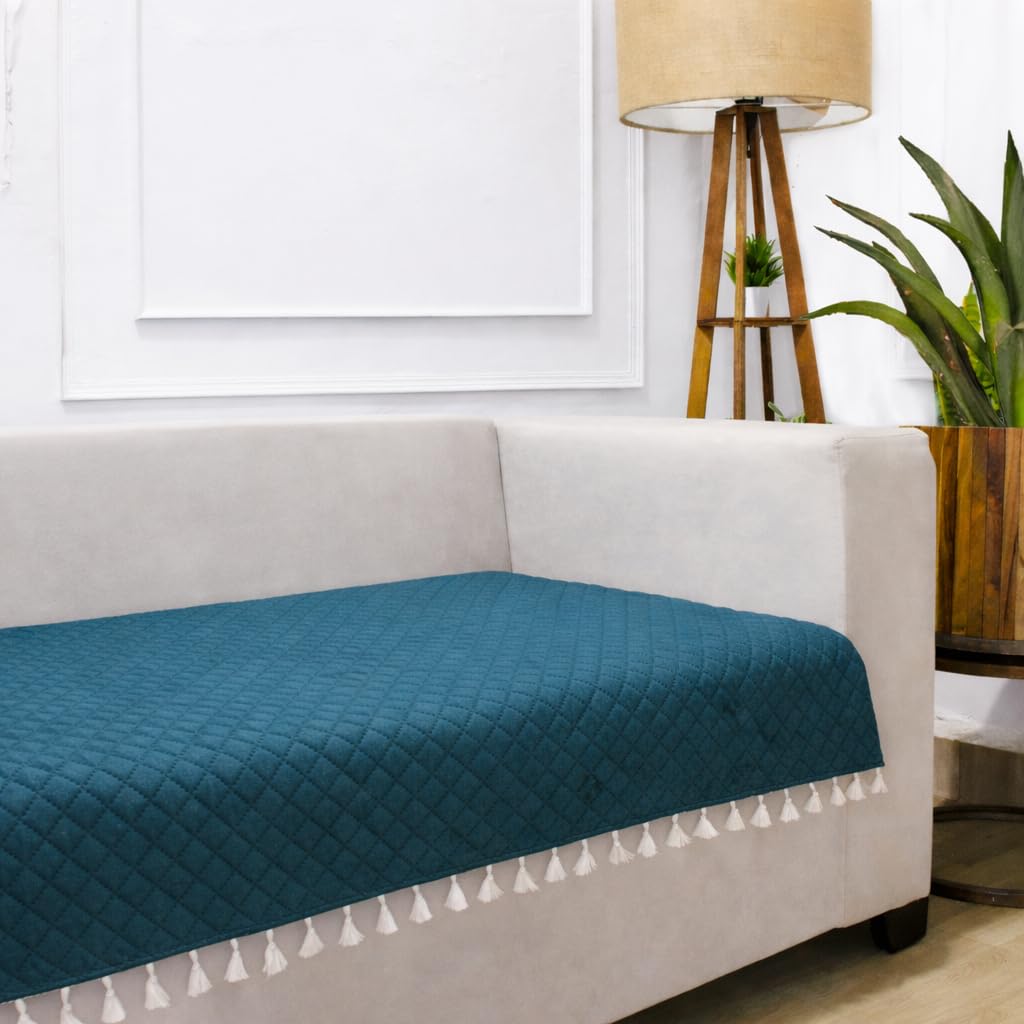 Brick Home 1 Seater Quilted Velvet Sofa Cover Protector with Tassel (Green)
