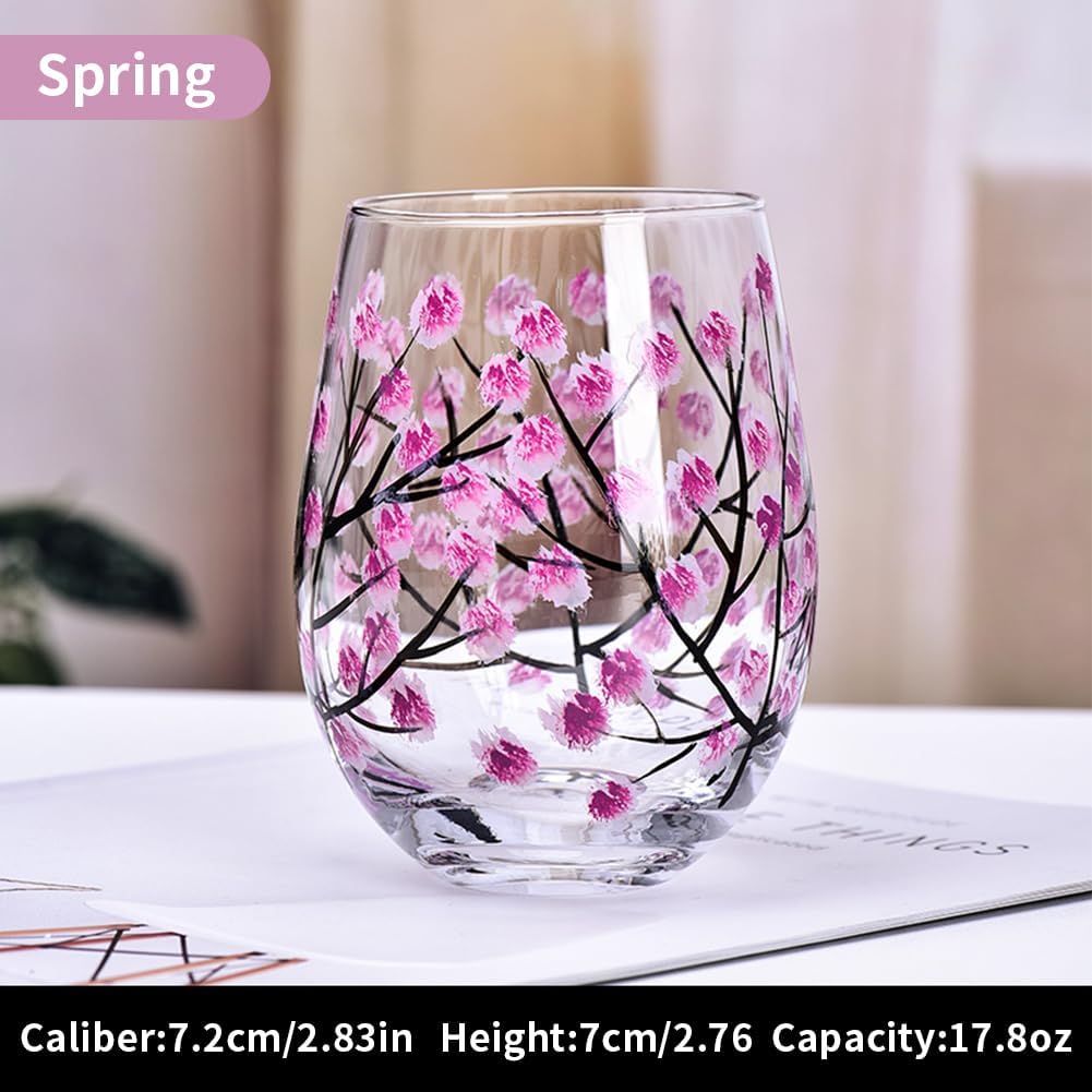 4PCS Hand Painted Wine Glass Four Seasons Tree Stem Wine Glasses Colorful Fall Wine Glasses Tree of Life Crystal Goblet Gift for Hostess Birthdays Weddings Housewarming Party (Style C, Stemless) - Image 4