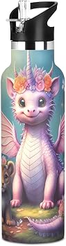 20oz Stainless Steel Insulated Water Bottle with Straw Lid Cute Dragon Pink Unicorn Cartoon Water Bottles for Boys Girls Tumbler Travel Cup Leak Proof Double Wall Vacuum with Handle