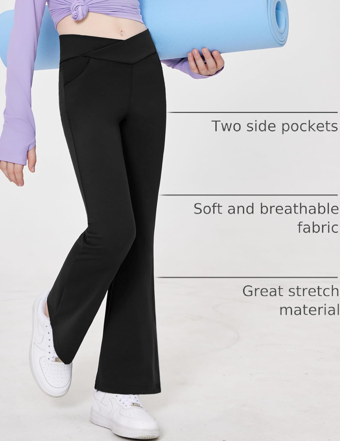 Zaclotre Girls Flare Leggings High Waisted V Crossover Casual Yoga Bell Bottoms with Pockets Pants for Kid - Image 4