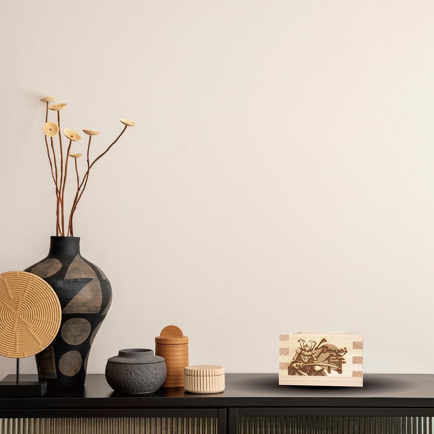 TOKYO ART Wooden Sake Masu Cups (Set of 2) With Japanese Lucky Artwork, Square Sake Boxes - Crafted From High-Grade Cypress Wood, Made in Japan (Samurai)