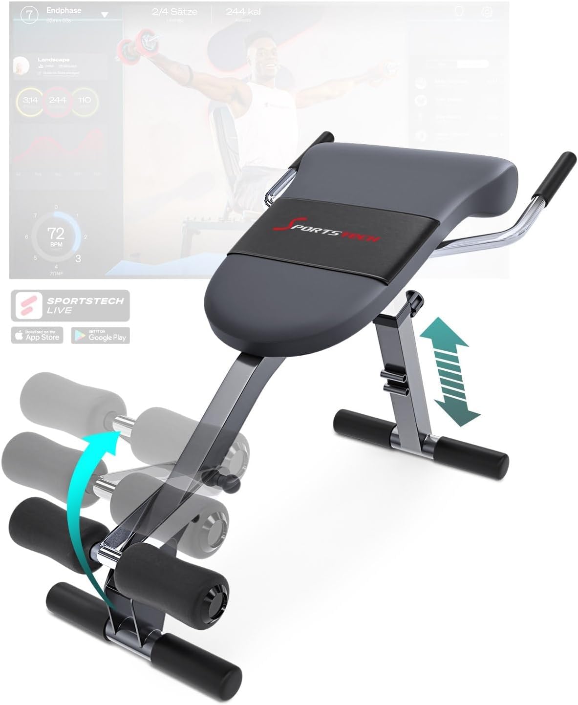 Sportstech Klappbare & verstellbare 3in1 Hantelbank für Zuhause – Bauchtrainer, Rückentrainer & Beincurler | Optimal für ein effizientes und effektives Home Gym Workout bis 130kg | BRT200