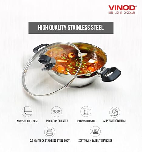 Miniatura 4 de Vinod Kadhai de acero inoxidable  Wok de lujo con tapa de vidrio  Apto para inducción  Fondo de sándwich  7.1 in de capacidad  1.6 litros  Tamaño