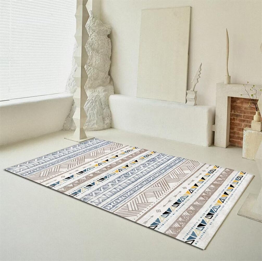 Tapis chambre garçon bleu 120x170 cm au motif ethnique géométrique