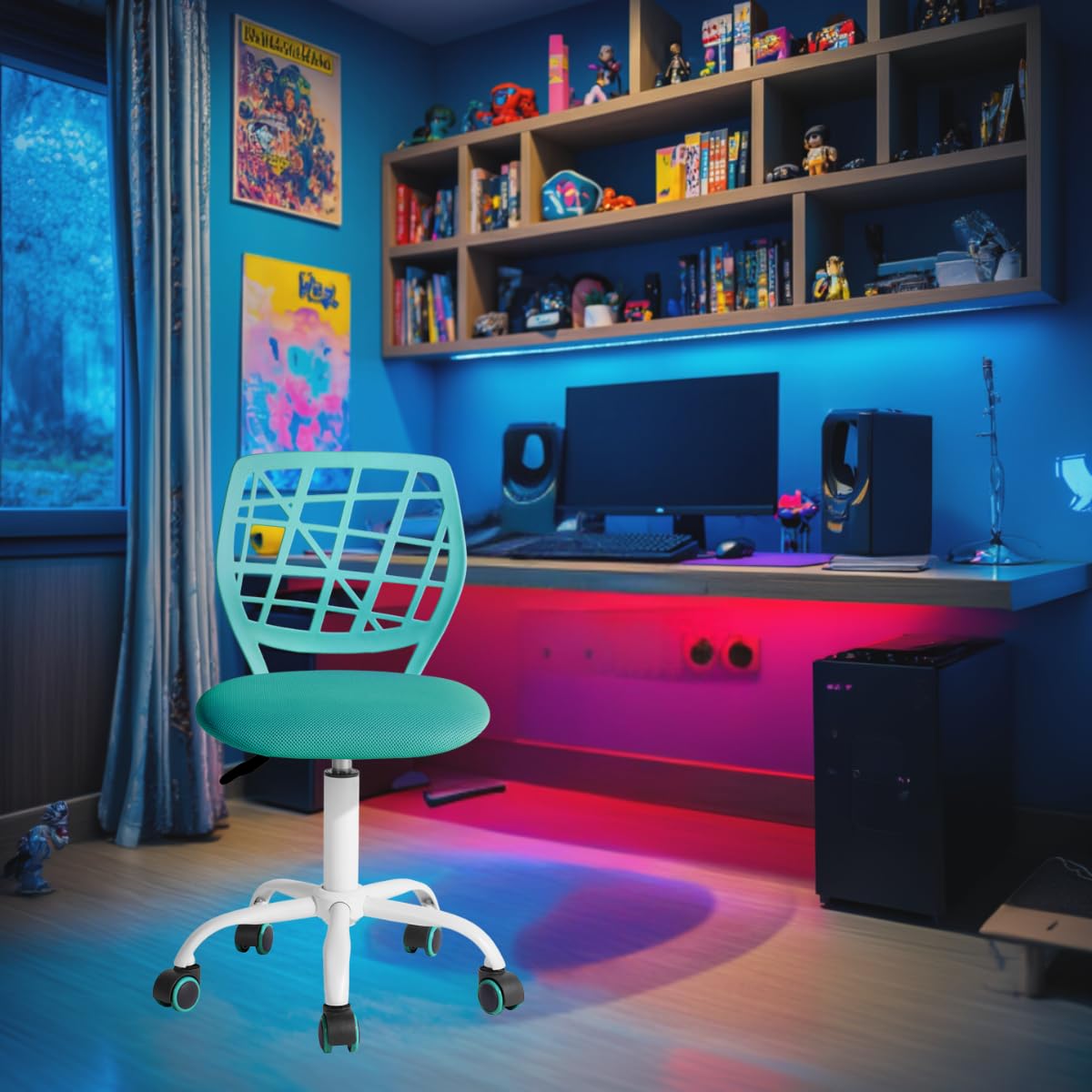 FurnitureR Compact Gaming Chair, Hollow PP Backrest, Adjustable Height, Ergonomic Swivel Sponge Seat, 5-Wheel Iron Base, for Teens & Kids Drawing, Gaming, Classroom, Turquoise, 38.5 x 40 x 87 cm