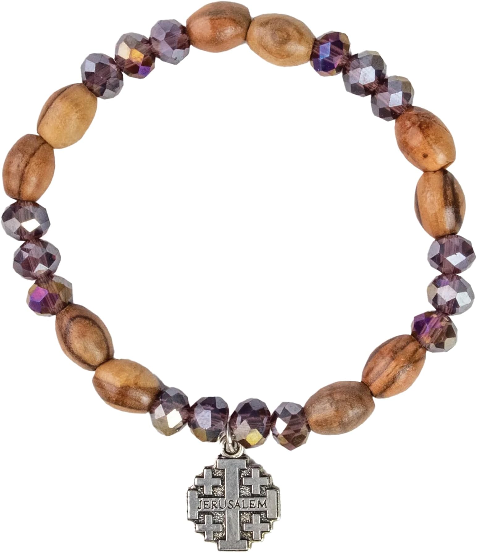 Handcrafted Olive Wood & Purple Bead Bracelet With Cross – Silver-Plated Jerusalem Cross Dangle – The Holy Land of Bethlehem Gifts – Unique Catholic Jewelry for Men and Women