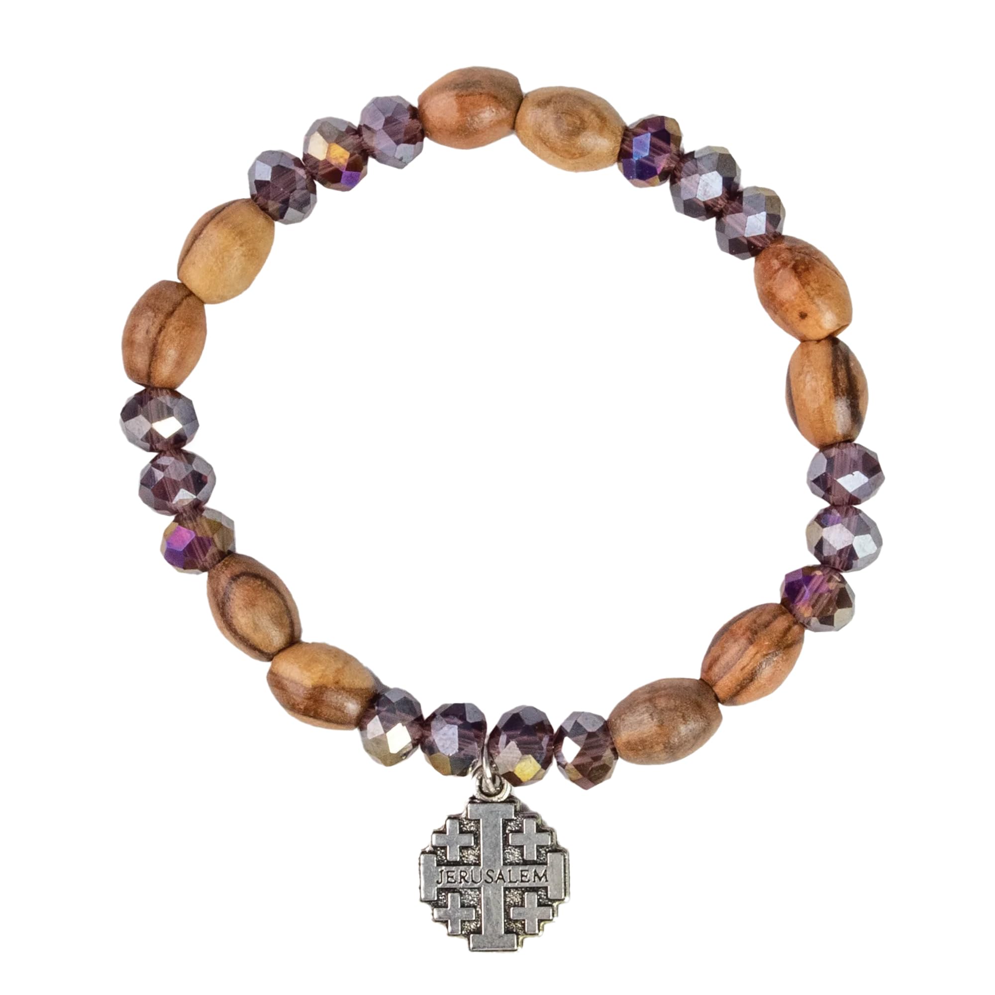 Handcrafted Olive Wood & Purple Bead Bracelet With Cross – Silver-Plated Jerusalem Cross Dangle – The Holy Land of Bethlehem Gifts – Unique Catholic Jewelry for Men and Women