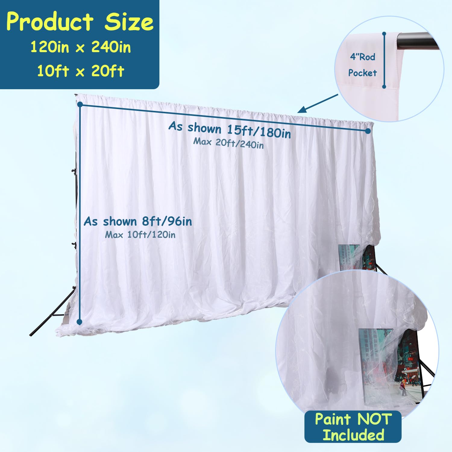 Urby Toile de fond à deux couches en mousseline de soie et polyester. Utilisation comme rideaux occultants extra larges, rideaux de scène ou rideau de séparation de garage. Blanc, 50,8 x 3 m