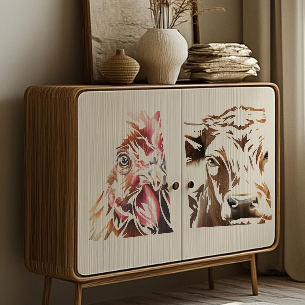 MAYJOYDIY 18 plantillas de animales salvajes con temática de tigre, león y lobo, plantilla de dibujo reutilizable de pollo cerdo leopardo con pincel para muebles de pared, papel, lienzo, decoración de