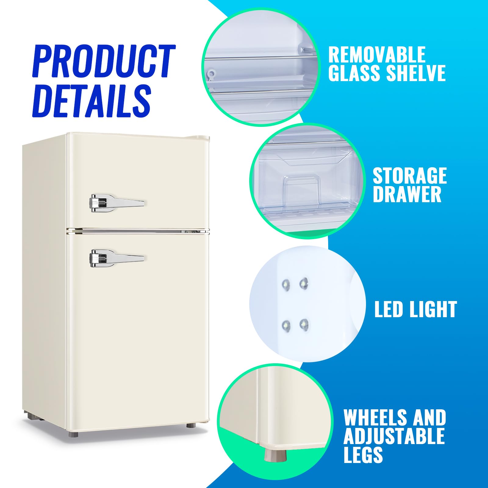 Tacool Mini Refrigerator With Freezer Small Fridge Double Door Side Drink Holder Adjustable Glass Shelves, Plastic Crisper, 7 Level Temperature Control For Bedroom, Office, Apartment White on Fridge.com - View 4