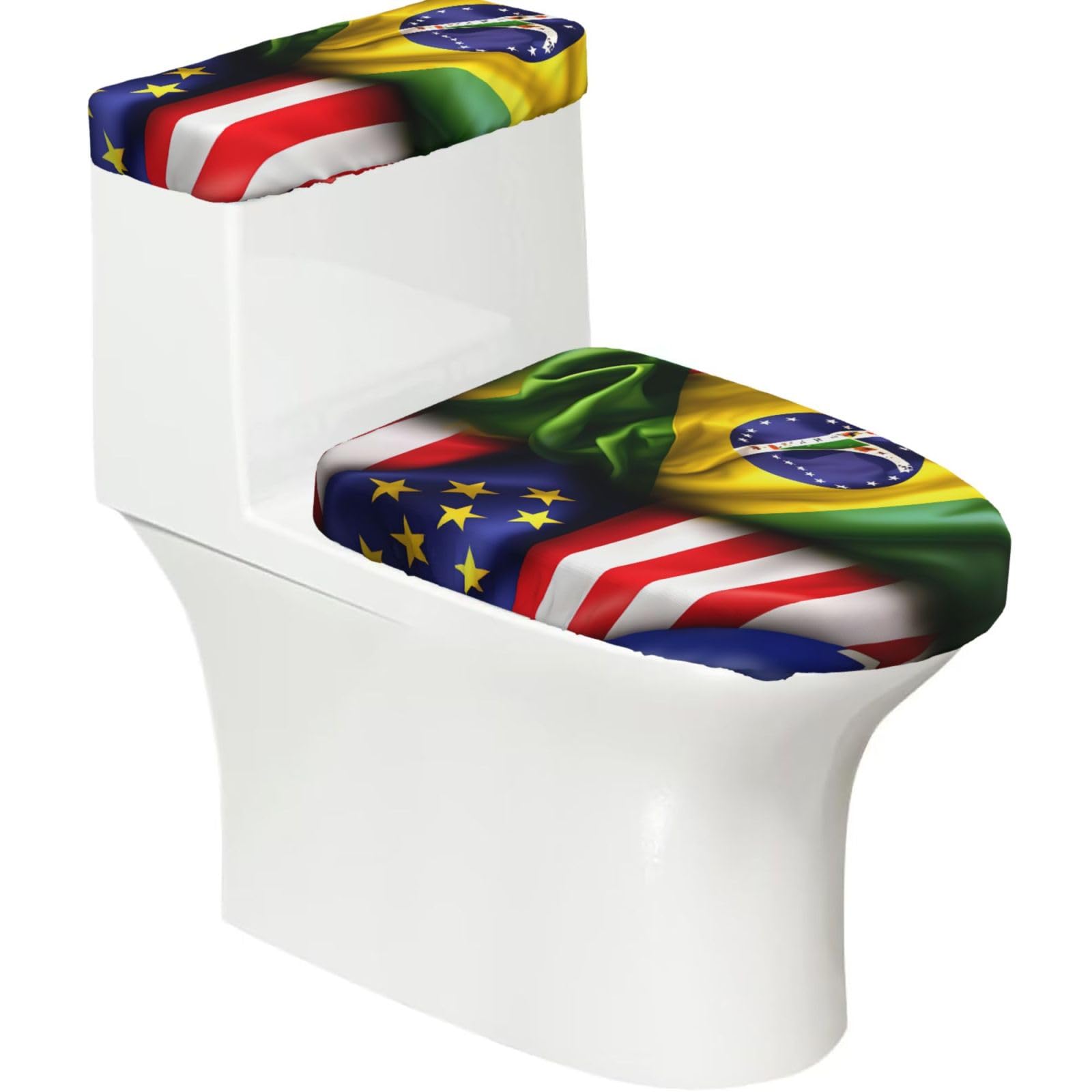 Flghjnbjn Black American And Brazilian Flags Printed Toilet Tank And Lid Cover Set Of 2 For Most Bathrooms, Fits Elongated Round Toilets