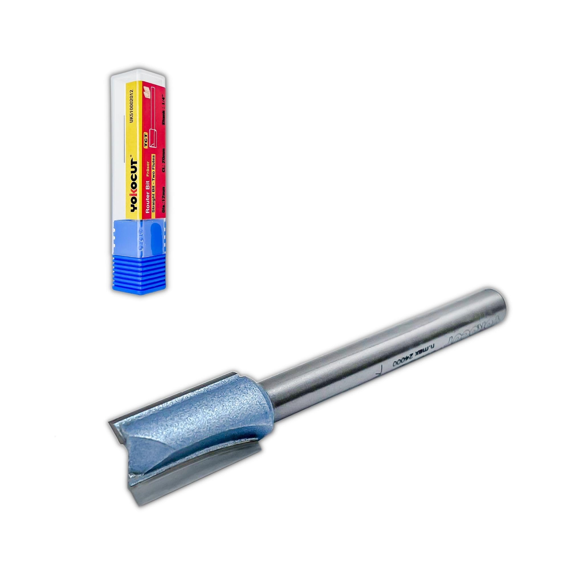 YOKOCUT Straight Two Flute Router Cutter Bit, 1/4 Inch Shank, 12mm Cut Diameter & 20mm Cut Length