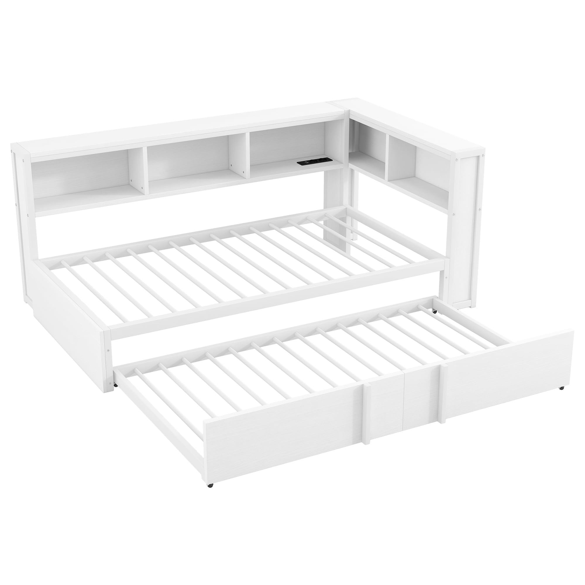 Lexiou Cama de metal de 90 x 200 cm con cama nido, armarios de almacenamiento, iluminación LED y puertos USB (blanco)