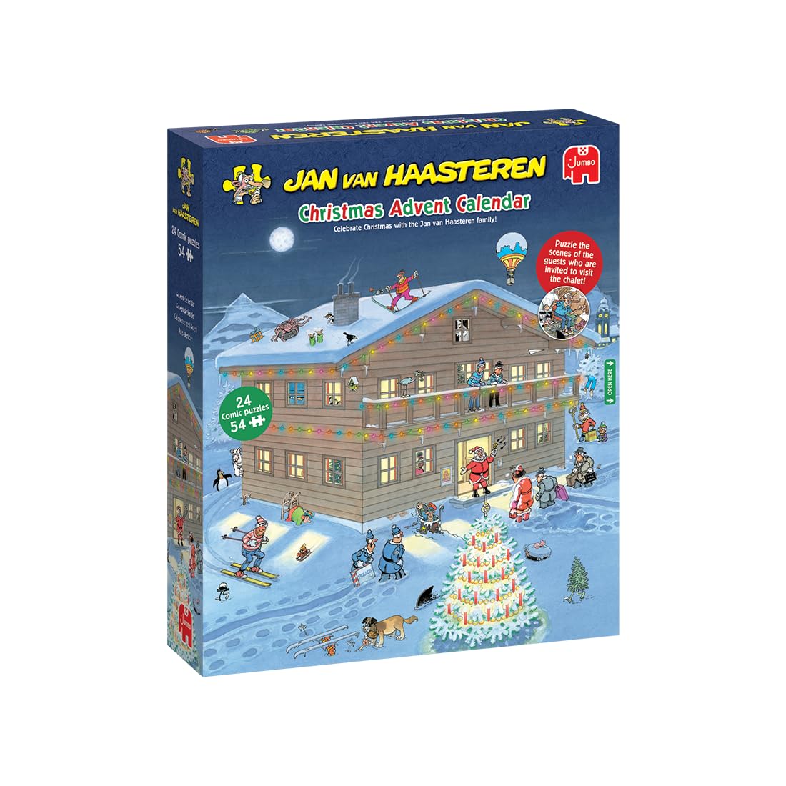 Jan Van Haasteren Christmas Advent Calendar - 24 Days of Puzzles, Puzzle the Scene Behind the Curtains - Fun 54 Piece Adults Puzzle & Comic Puzzle -100% Recycled Cardboard Jigsaw Puzzle for Adults