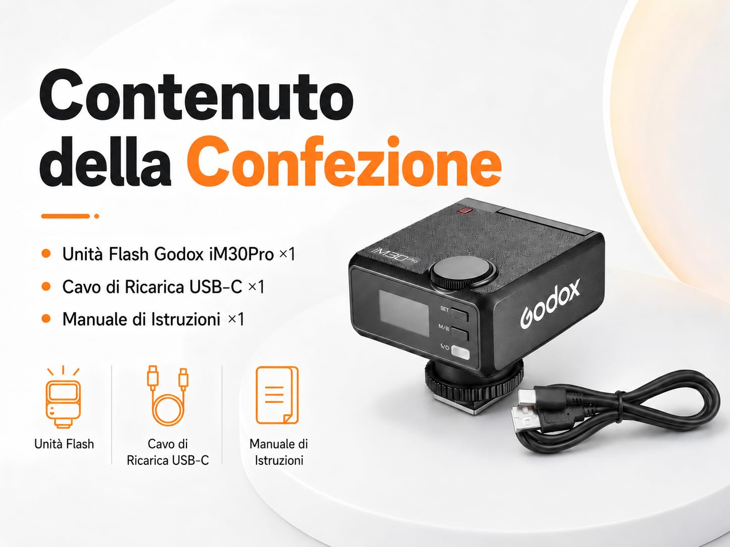 Godox iM30Pro iM30 Pro Mini Flash per Fotocamera, GN15 Flash Godox, AUTO e M, 550 Scatti, 1,5s, USB-C, Slitta a Contatto Singolo per Sony Canon Nikon Fujifilm Olympus Ricoh Leica Panasonic Pentax