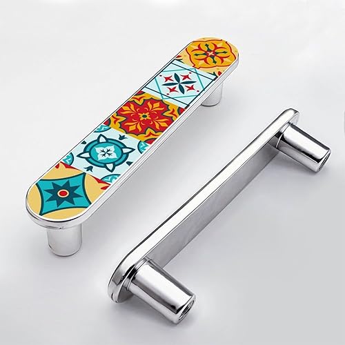 Miniatura 6 de Paquete de 4 tiradores tradicionales de estilo mexicano Talavera portugués Azulejo para gabinete, 3-34 pulgadas (3.780 in), manijas negras para