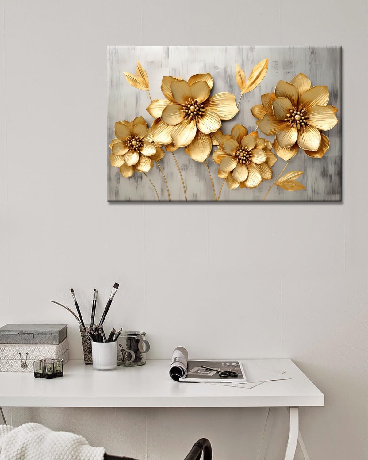 GLOKAKA Gold Metallic Flowers Print Wall Art Elegant Floral Flower Canvas on Grey Background Painting Picture Artwork for Living Room Bedroom Bathroom Decor (Gold Metallic Flowers, 18"x12")