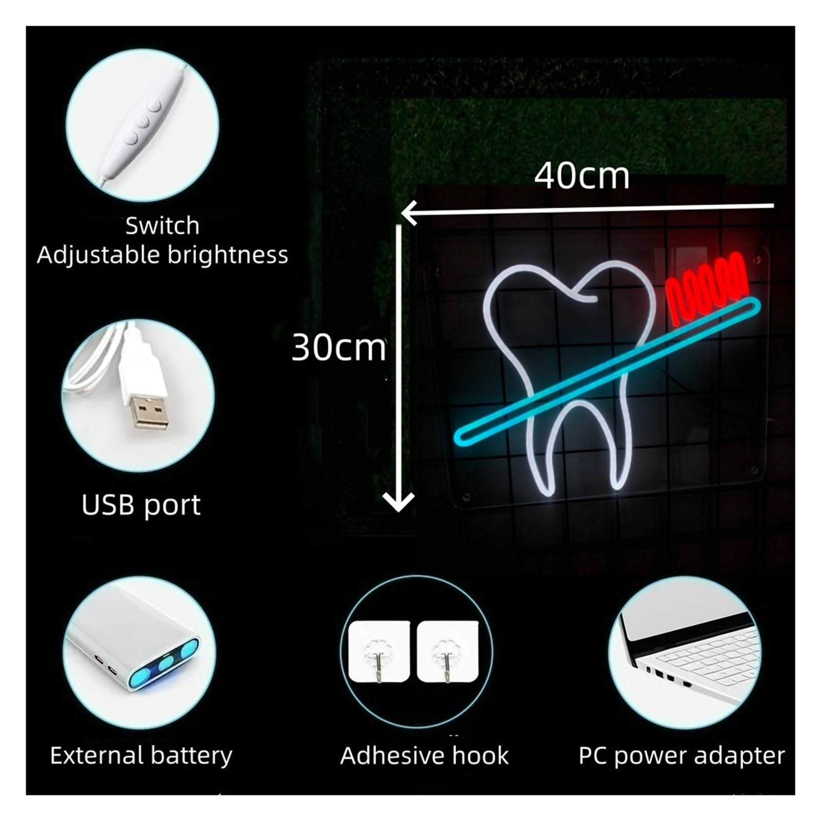 Insegna Luminosa a Forma di spazzolino da Denti, alimentata Tramite USB, luminosità Regolabile, Adatta per studi dentistici, 40 cm x 30 cm (C)