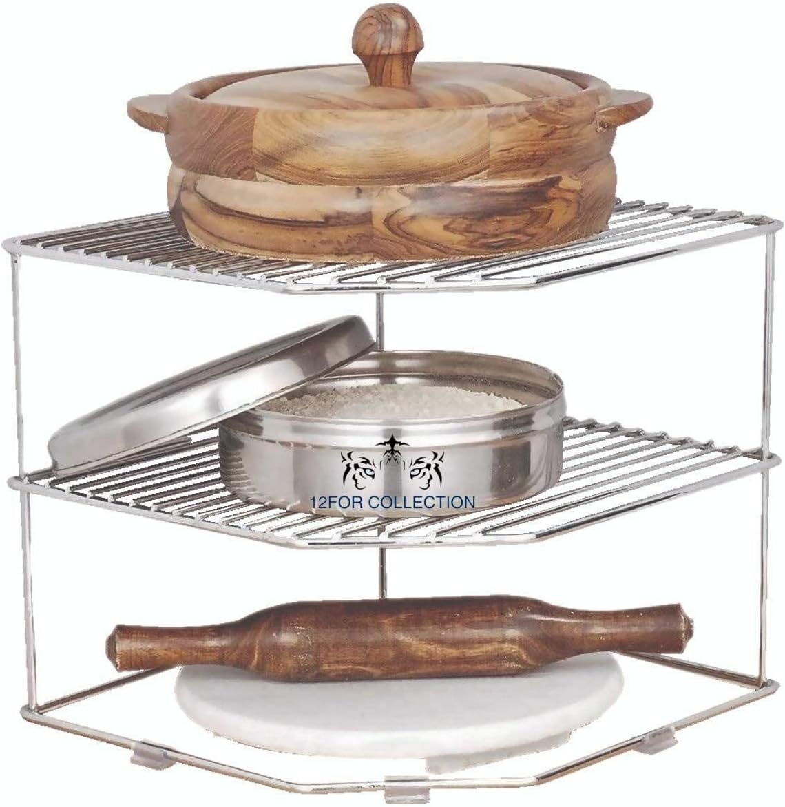 12FOR COLLECTION Stainless Steel 3-Tier Countertop Storage Rack For Corners, Multipurpose Kitchen Plate Dish Corner Shelf, Rack Stand Holder