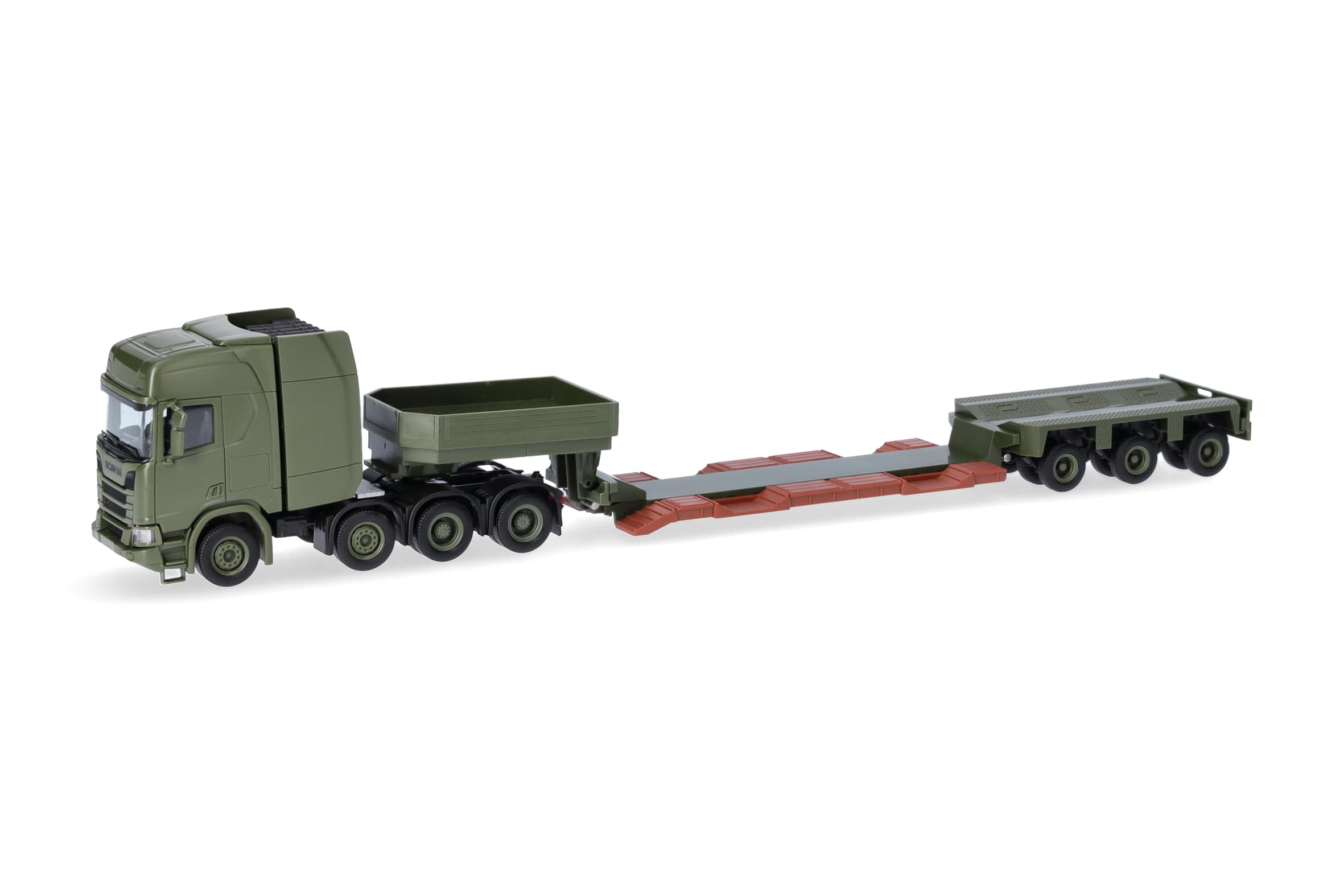 Herpa truck model Scania CR 20 HD low-boy semitrailer "Danish Army" (Denmark), on a scale of 1:87, Military, plastic miniature, made in Germany, model building, collectors edition
