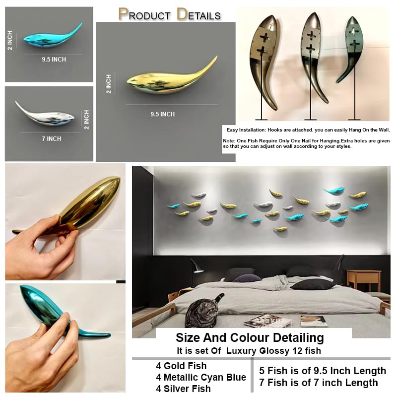 Image of ZOVE Set of 12 Stainless Steel Modern Luxury 3D Modern Fish Creative Design Wall Art | Home Decoration, Living Room, Hotel, Restaurant, Office, Wall Decor (Electroplating Gold,Blue And Silver)