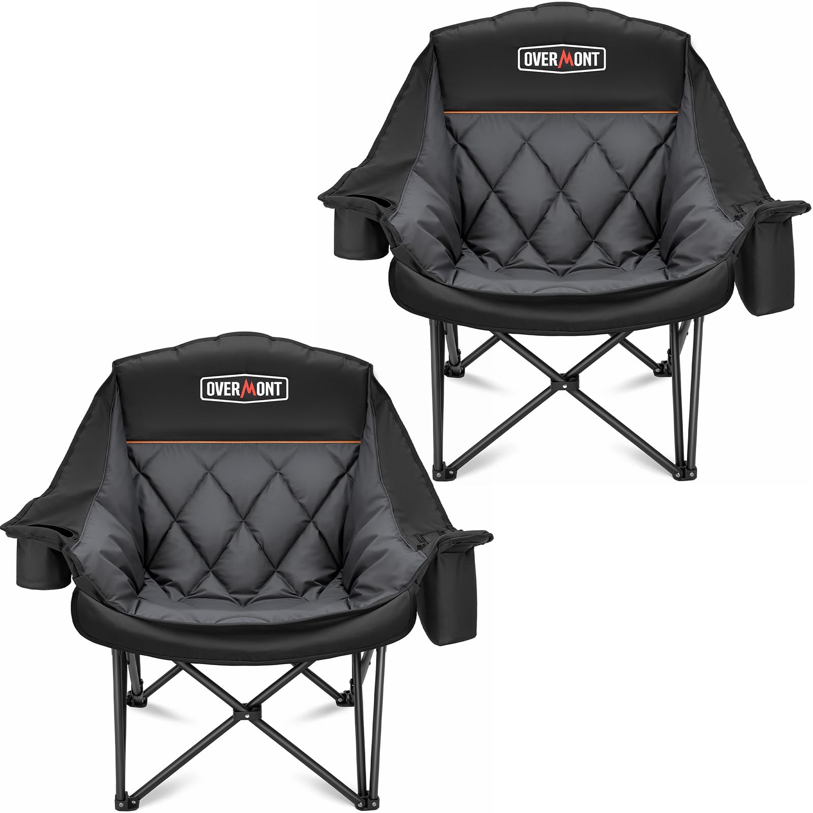 Overmont 성인용 오버사이즈 XL 캠핑 의자 - 2팩 226.8kg(500파운드) 지지 튼튼한 패딩 접이식 의자, 사이드 포켓 컵 홀더 쿨링 백 야외 스포츠 정원 해변 낚시 잔디용, 블랙