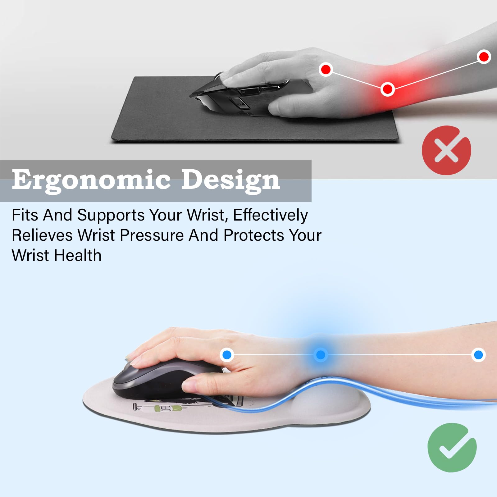 Tappetino per mouse ergonomico con supporto per il polso, base in gomma antiscivolo, silicone